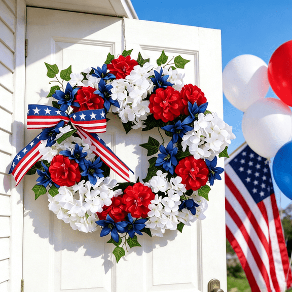 SINKOO 4th of July Patriotic Wreath, 18 Inch Red White and Blue Wreaths 250 Anniversary USA Outdoor Decorations, Fourth of July America Summer Wreath with Hanger for Home Party Gift