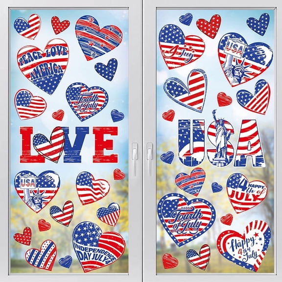 SINKOO 4th of July Window Clings Decorations,71 PCS Reusable Love Heart Static Summer Patriotic American Flag Stickers for Glass Windows Independence Day,Memorial Day,Veteran's Day,USA Holiday decor