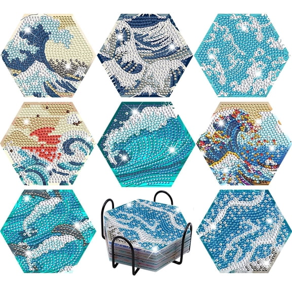 SINKOO Diamond Art Coasters Kits, for Beginners Adults, Ocean Style, Hexagon, 8pcs