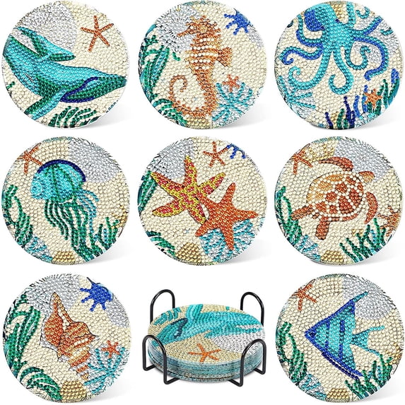 SINKOO 8 Pieces Ocean Wrold Style Diamond Painting Kits,Diamond Painting Kits with Holder,Diamond Art Coasters for Beginners Adults,Perfect Art Craft Supplies Gift(Marine Animals Style)