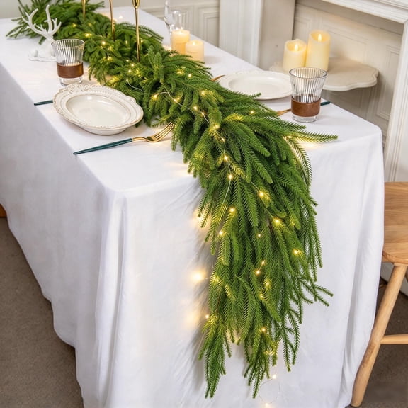 SINKOO 9FT Christmas Garland Norfolk Pine Garland with LED Light Real Touch Artificial Greenery Garland for Mantle Fireplace Table Indoor Outdoor Holiday Decorations