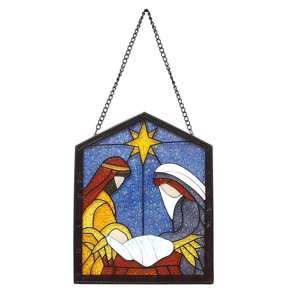 SINKOO Christmas Nativity Suncatcher, Stained Glass Ornament, Nativity Scene Christmas Ornaments Gift, Mary Joseph and Baby Jesus Sun Catcher Ornament
