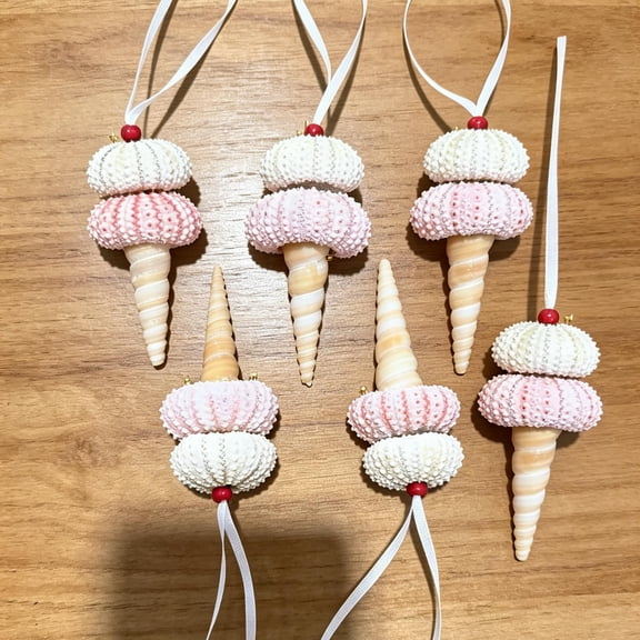 SINKOO Christmas Sea Shells Ornaments for Tree, 6PCS Natural Pink Sea Urchin Ice Cream Shape Crafts, Christmas Coastal Decor for Party Wedding Holiday Hanging Ornaments