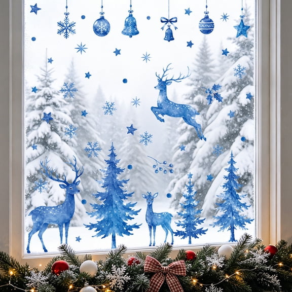 SINKOO Christmas Window Clings, Blue Xmas Elk and Snowflake Window Decals, Large Window Decorations, Removable Double-Sided Decals for Xmas Christmas Party Decorations