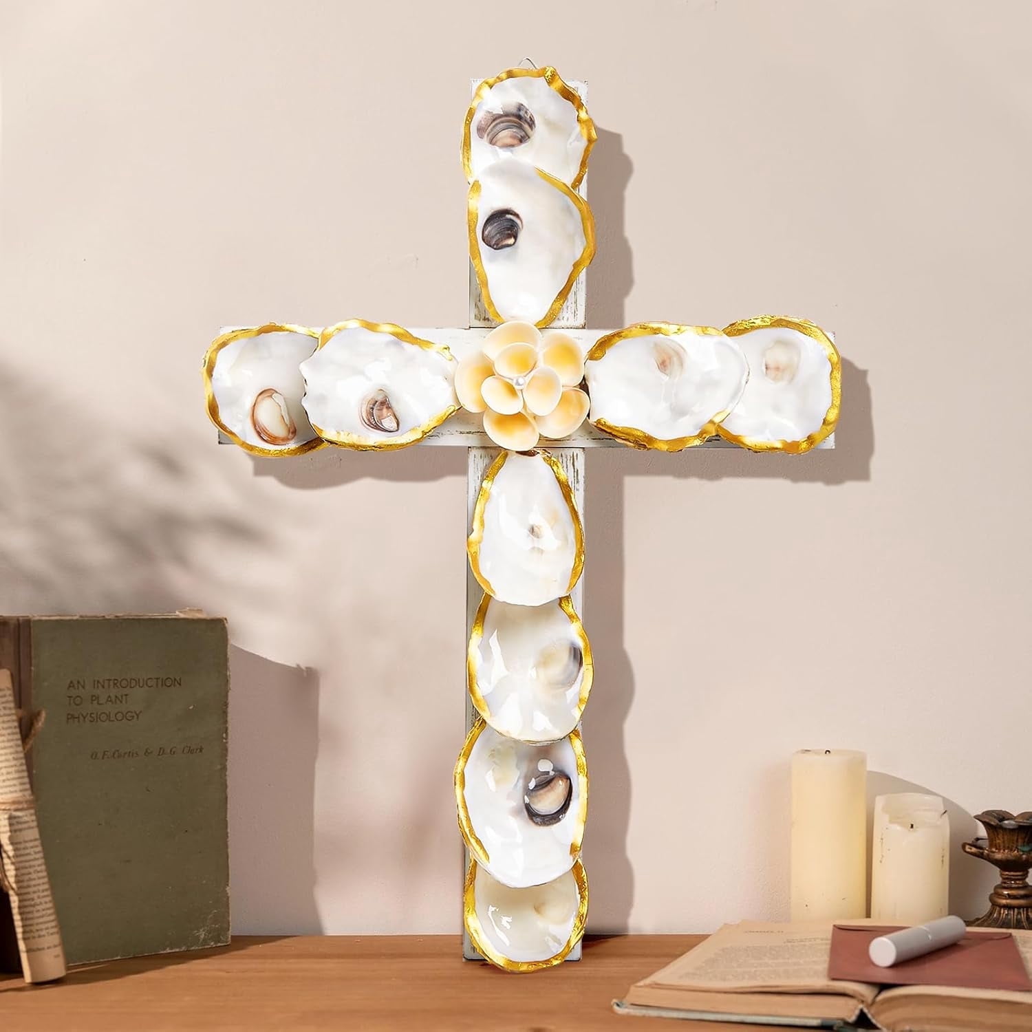 Sinkoo Cross Wall Decor, Handmade Oyster Shells Cross Wood Wall Decor ...