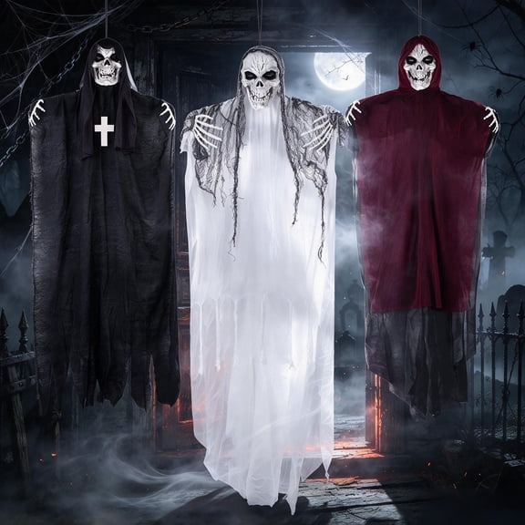 SINKOO Halloween Outdoor Decor, Hanging Skeleton Ghosts (3 Pack), One 59" and Two 51.1" Spooky Flying Grim Reapers for Haunted House Props Yard Window Porch Garden Patio