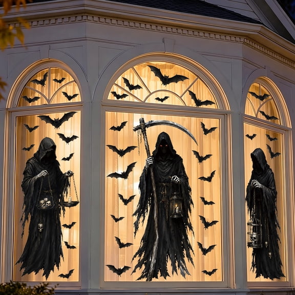 SINKOO Halloween Large Window Clings, 3 PCS Grim Reaper & Bat Decals Decor, Scary Creepy Halloween Static Cling Decal for School Home Office Party Supplies