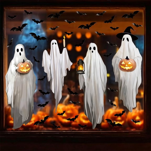 SINKOO Halloween Window Clings, 4 Sheets Large Ghost Window Decals With Bat Pumpkin, Reusable Ghost Window Decor for Halloween Party Home Classroom