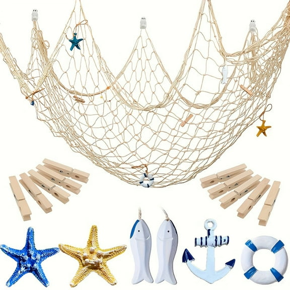 SINKOO Nature Fish Net Wall Decoration,16 Pcs Starfish,Fish,Life Ring,Rudder,with wood clamp,Ocean Themed Wall Hangings,Party Decor,Pirate Party,Wedding,Photographing Decoration,Mermaid Party(Beige)