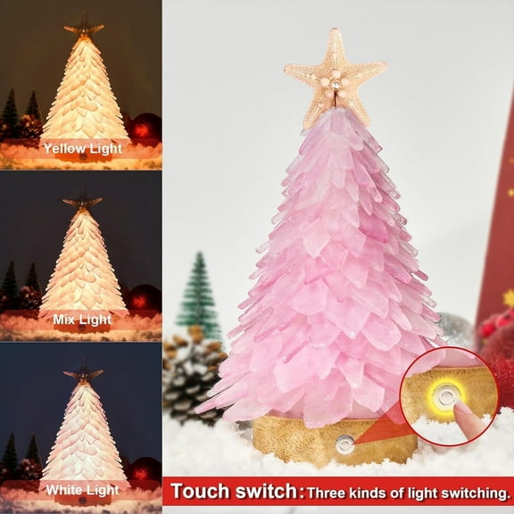 Sinkoo Pink Sea Glass Christmas Tree, 8.6" Handcrafted Mini Christmas Tree with 3-Color LED Lights, Ideal for Christmas, New Year, Home Decor, Coastal Holiday Decor and More