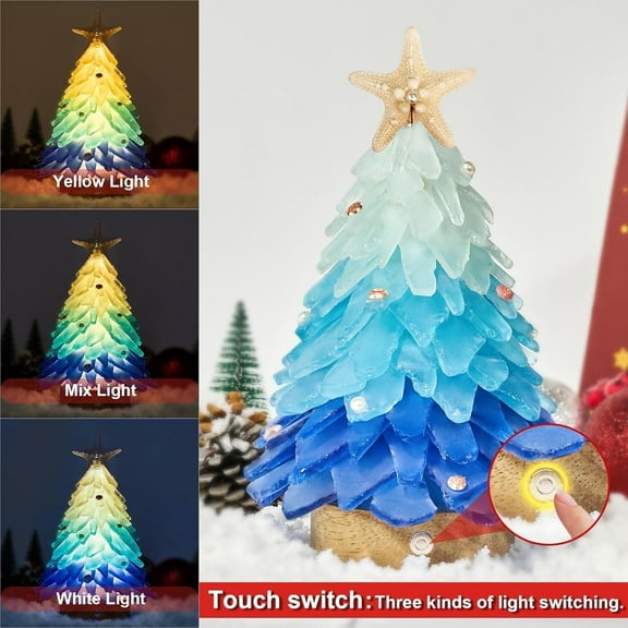 Sinkoo Sea Glass Christmas Tree, 8.6" Handcrafted Mini Christmas Tree with LED Lights, Blue Gradient Color, Ideal for Xmas, New Year, Coastal Holiday Decor, Versatile Home Decor