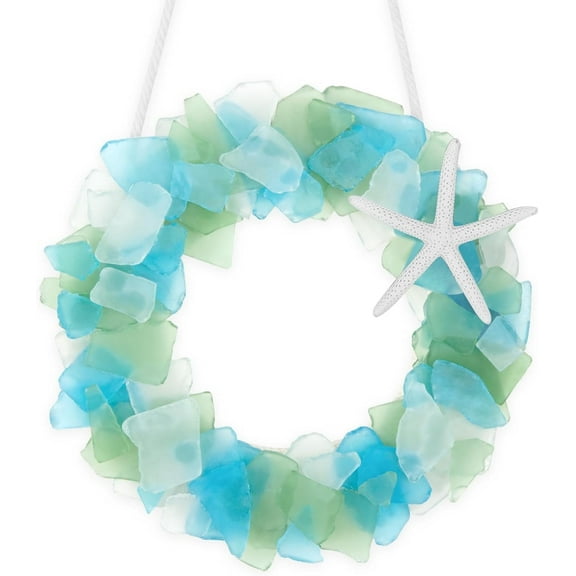 Sinkoo Sea Glass Wreath - Handmade 8.5 Inch Beach Wreath, Coastal Style Christmas Decor Wreaths for Home Decor, Door, Window, Kitchen Cabinet, Chair and Wall