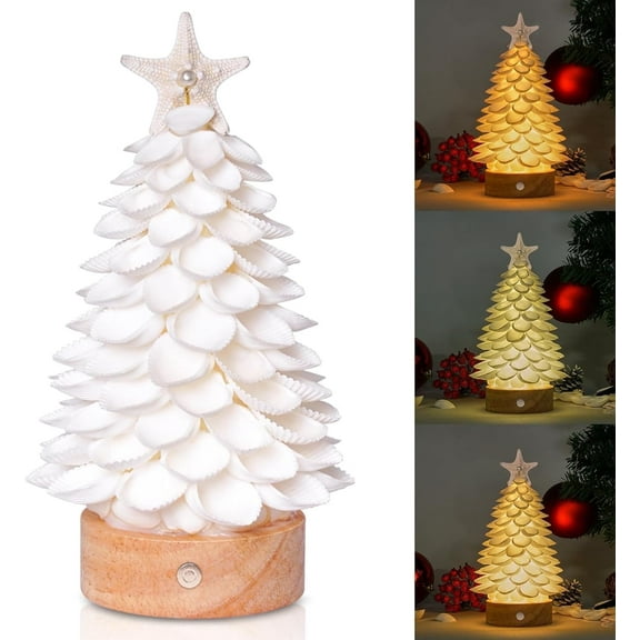 Sinkoo Sea Shells Christmas Tree, 8.6" Mini White Christmas Trees with LED Lights, Coastal Christmas Decor, Xmas Holiday Gift, Tabletop Mantle Fireplace Decor