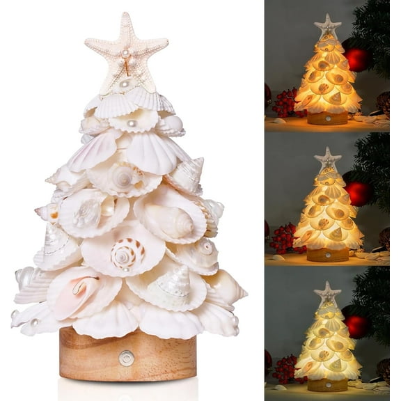 Sinkoo Sea Shells Christmas Tree, 8.6" Small Christmas Tree with Light, Coastal Christmas Decor, Tabletop Centerpieces for Party Birthday Gift, Home Decor, Figurines Xmas Tree