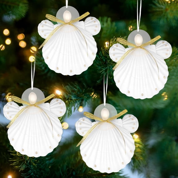 SINKOO Seashells Angel Ornaments, 4PCS Natural Sea Shell Ornaments for Tree, Christmas Coastal Decor, Ocean Beach Wedding Party Coastal Home Decor