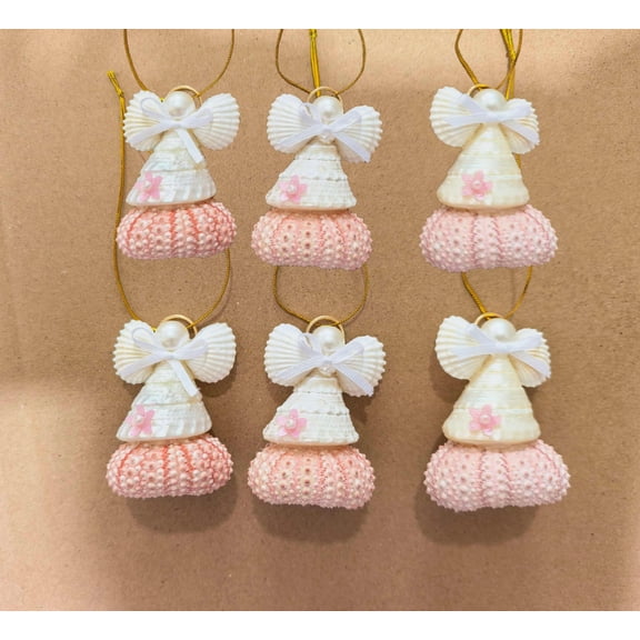 SINKOO Seashells Angel Ornaments for Christmas Tree, 6PCS Handmade Natural Sea Shell Sea Urchin Crafts, Pink Christmas Decor for Coastal Beach Theme Tree Hanging Ornaments
