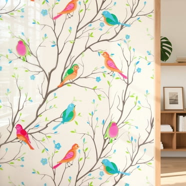 Sinkoo 20" x 78.7"  Stained Glass Window Film,Colorful Bird, Decorative Frosted Glass Window Privacy Film, Static Cling Non-Adhesive Window Sticker for Front Door Bathroom Heat Control Anti UV