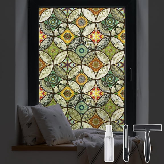 SINKOO Stained Glass Window Film, Static Cling Decorative Window Film 20" x 78.7", Heat Cotrol Anti UV Window Cover with Installation Tools, for Bathroom Shower Glass Door