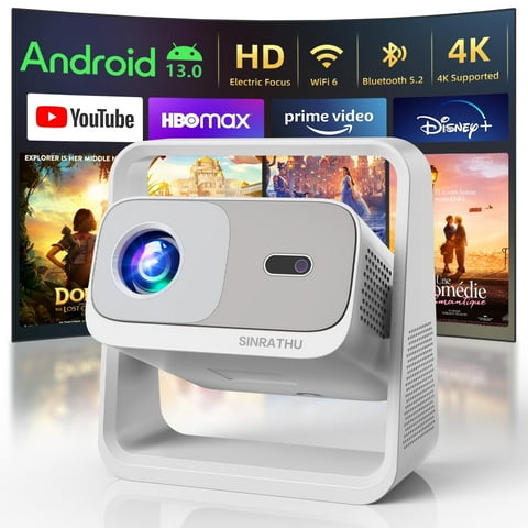 Sinrathu 4K Support 1080P 16000LM Projector with Wifi and Bluetooth,  Smart Projector, Video Projector for Home Theater,  Portable Outdoor Movie Projector 5G/2.4G