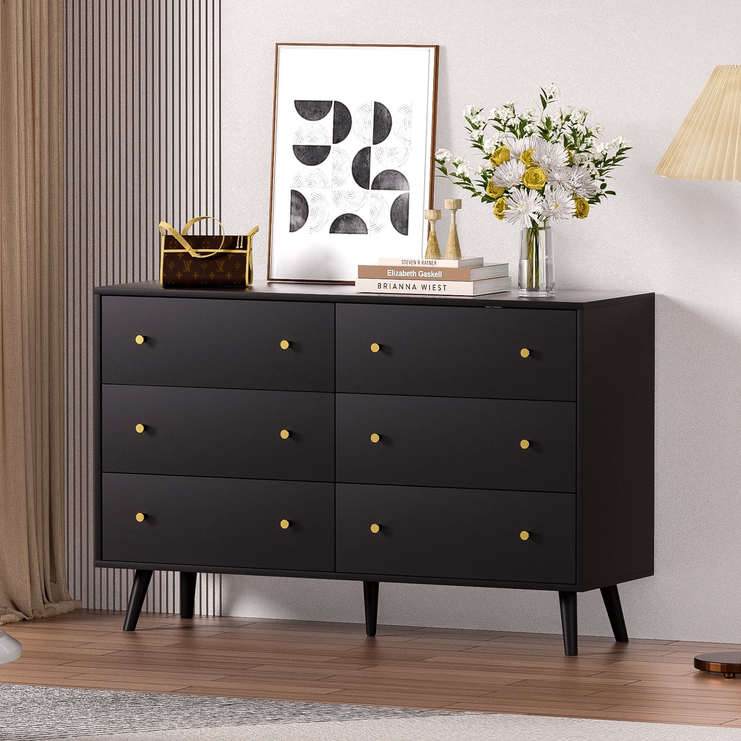 SINROM modern Black Double Dresser with 6 Drawers &Gold Handles for Living  Room, Bedroom and Hallway - Walmart Business Supplies