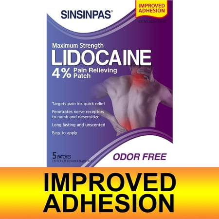 SINSINPAS Lidocaine 4% Pain Relieving Patch (1 Pack (5 Patches Total)) IMPROVED ADHESION, Topical Analgesic, Nerve pain, Relief, Maximum Strength