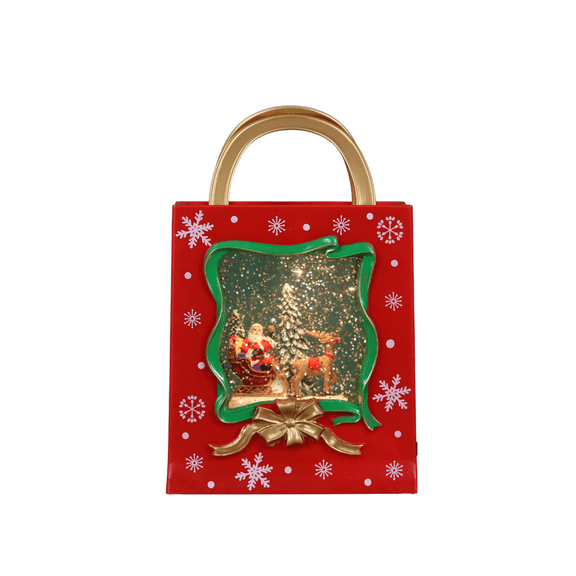 SINT Christmas Red Musical Gift Bag Snow Globe Lantern with Santa on Sleigh Scene USB/Battery Operated Lighted Water Glittering for Memorable Christmas Decoration
