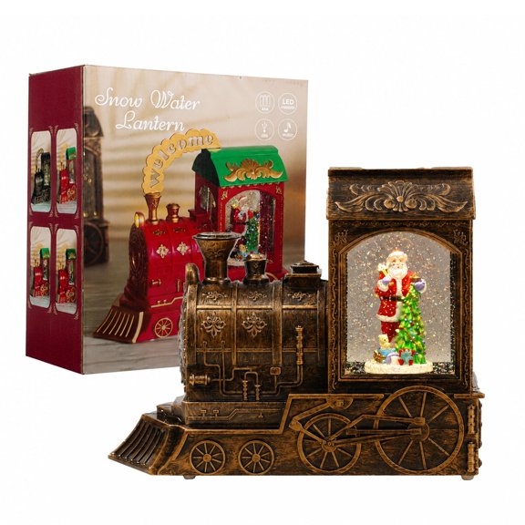 SINT Christmas Snow Globe Vintage Lantern Train Lighted Musical Water Lantern with Santa Claus Scene Dual Power (USB/Battery) LED Holiday Tabletop Decoration & Gift