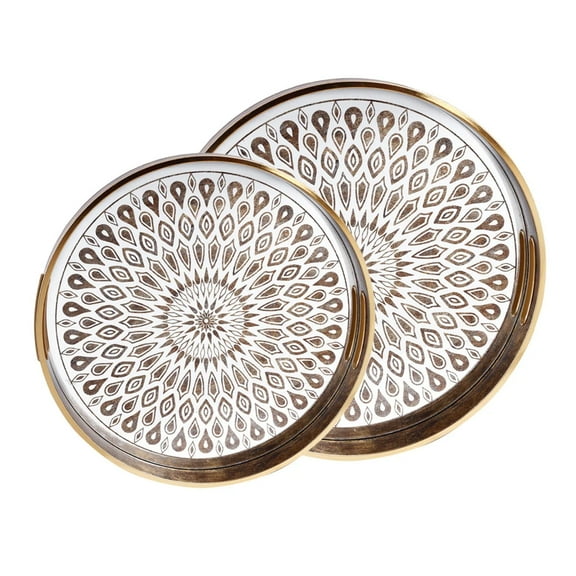 Plastic Serving Tray with Handles, Coffee Table Tray, Round Ottoman Tray, Pack of 2