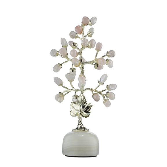 SINT Natural Rose Quartz Gemstone Money Tree, Sacred Bodhi Tree Figurine with Marble Base, Zen Eastern Feng Shui Good Luck Tabletop Sculpture Dcor