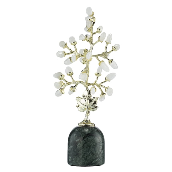 SINT Natural White Crystal Gemstone Money Tree, Sacred Bodhi Tree Figurine with Green Marble Base, Zen Eastern Feng Shui Good Luck Tabletop Sculpture Dcor
