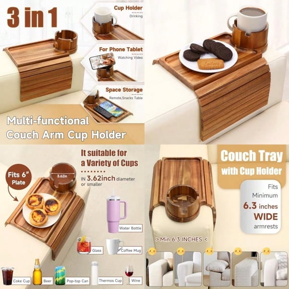 SINWANT Couch Cup Holder TrayAcacia Wood Sofa Arm Clip on Tray Table with 360 Rotation Cup Holder Foldable Anti-Slip Couch Armrest Table for Coffee Mug Water Bottles Snacks Remote on Large Armrest