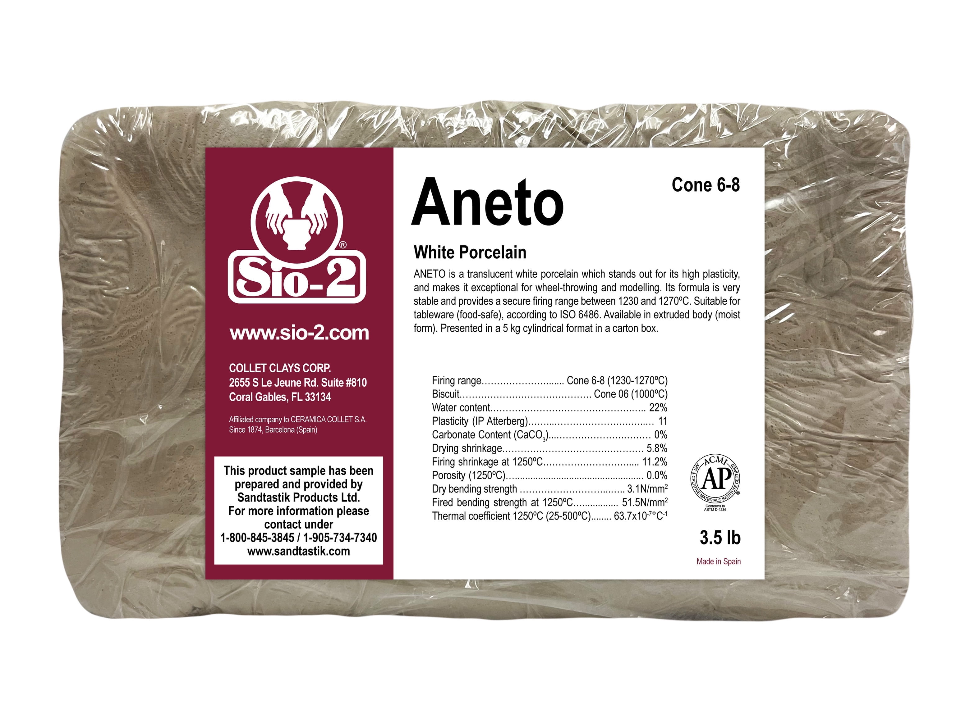 SIO-2 Aneto White Porcelain Ceramic Pottery Clay - 3.5 lb