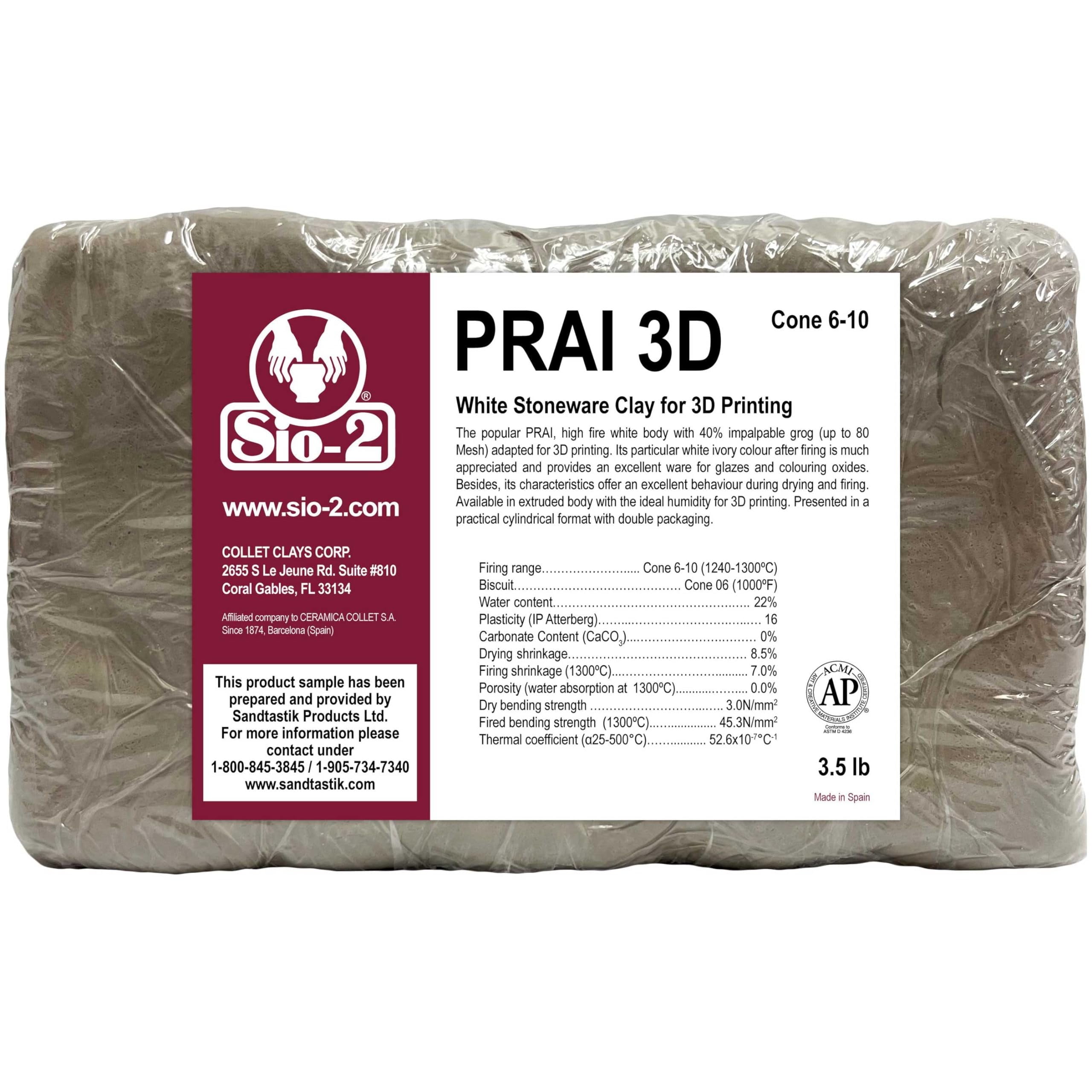 Sio2 Clay SIO-2 PRAI3D White Stoneware Ceramic 3D Pottery Clay | 3.5 lb, Cone 6 ...
