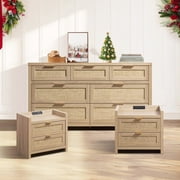 SICOTAS Boho Dresser & 2 Charging Nightstands Set – Rattan Bderoom Funiture Set with Massive Storage 3 Piece 7-Drawer Dr