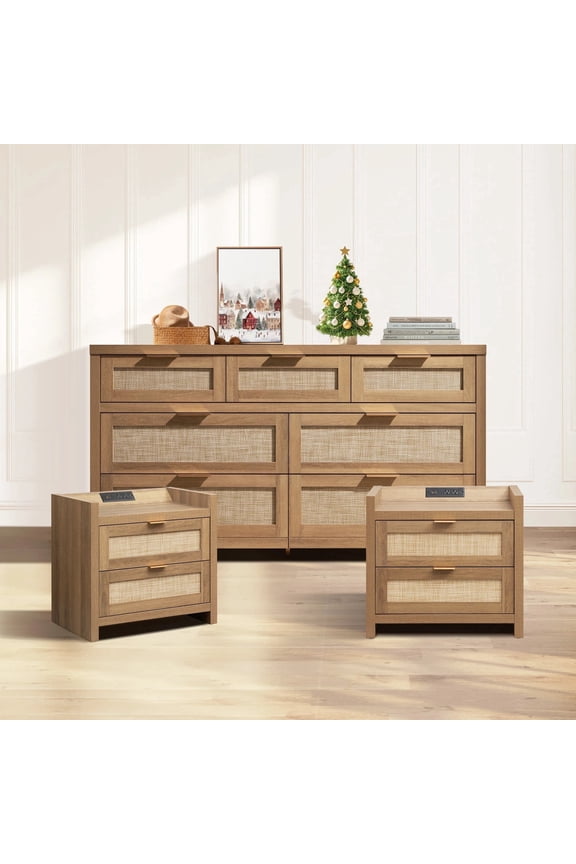 SICOTAS 3-Piece Bohemian Bedroom Set, Rattan Panels, Oak Finish, 7-Drawer Dresser & 2 Charging Nightstands