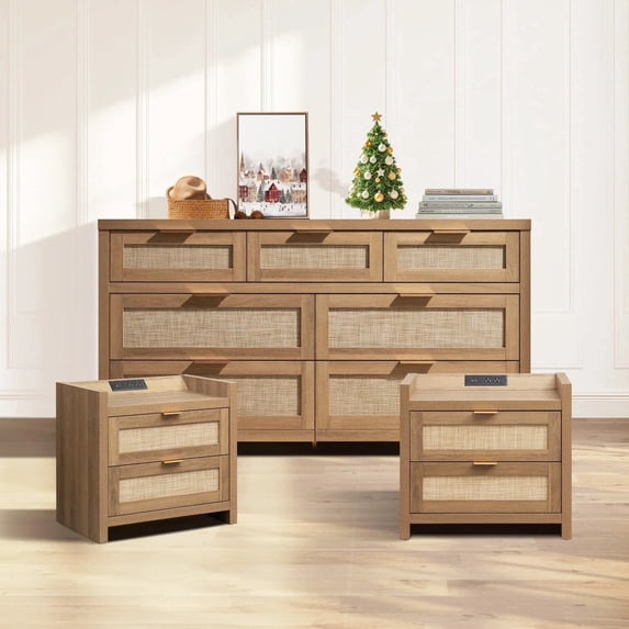 SICOTAS 3-Piece Bohemian Bedroom Set, Rattan Panels, Oak Finish, 7-Drawer Dresser & 2 Charging Nightstands