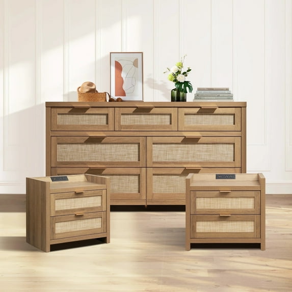 SICOTAS Boho Dresser & 2 Charging Nightstands Set – Rattan Bderoom Funiture Set with Massive Storage 3 Piece 7-Drawer Dresser & 2-Drawer Nightstand Set, Oak