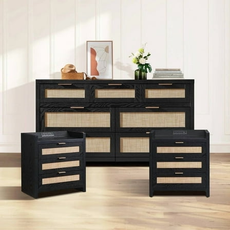 SICOTAS Boho Dresser & Nightstands Set – 7-Drawer Dresser & 3-Drawer Nightstand with Charing Rattan Bderoom Funiture Set with Massive Storage 3 Piece, Black Oak