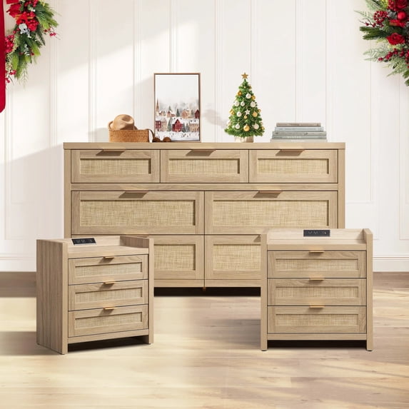 SICOTAS Boho Dresser & Nightstands Set – 7-Drawer Dresser & 3-Drawer Nightstand with Charing Rattan Bderoom Funiture Set with Massive Storage 3 Piece,Light Oak