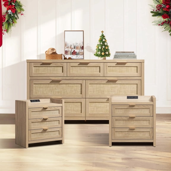 SICOTAS 3 Piece Rattan Bderoom Funiture Set – 7-Drawer Dresser & 3-Drawer Nightstand with Charing with Massive Storage,Light Oak