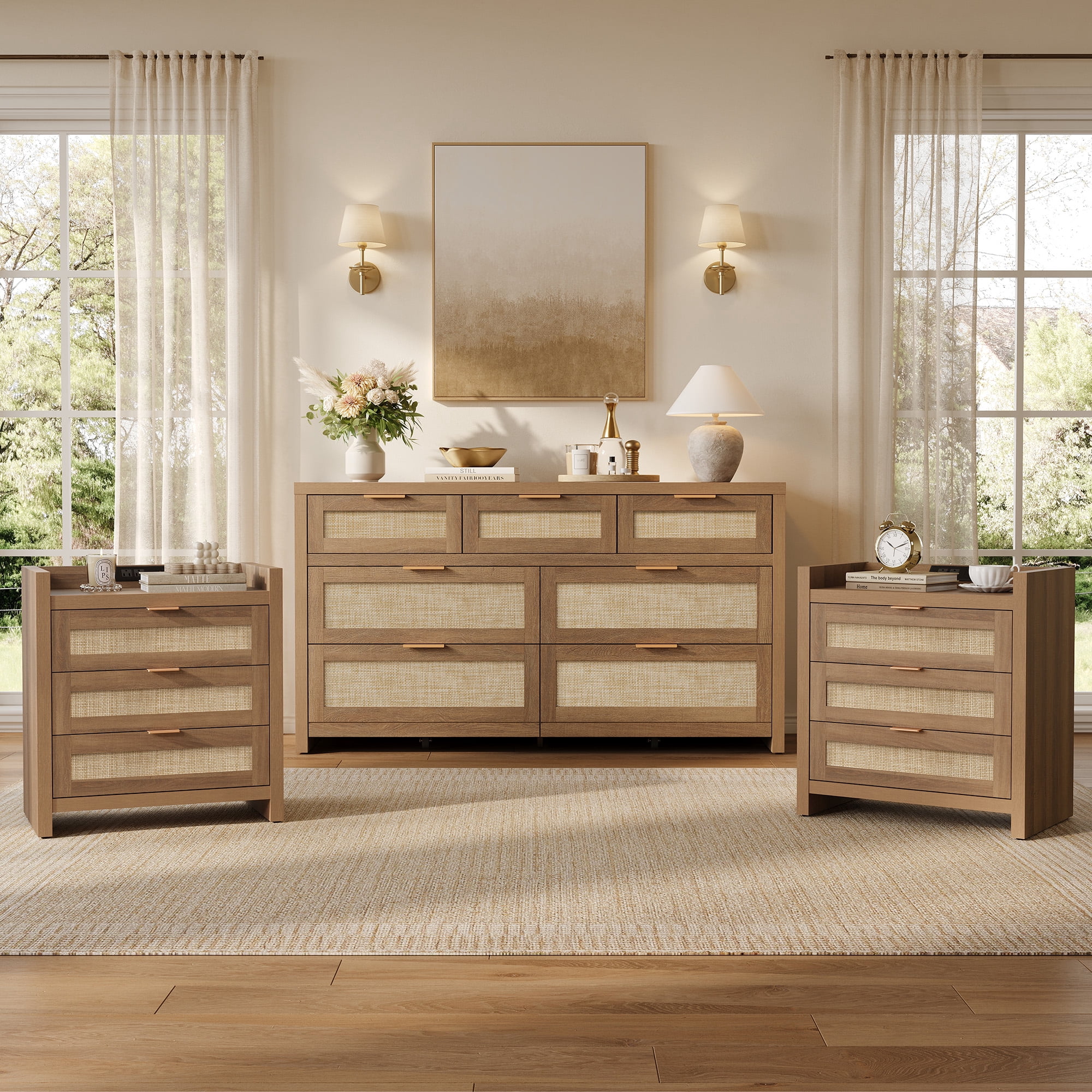 light brown dresser and nightstand Mid Century Sets for Bedroom, 3 Pcs Bedroom Set，Night Stand Set of 2, Modern Dresser with Curved Profile Design, Wooden Chest of Drawers Storage Cabinet Set Size:Coat Size 50 June Collection Let's just take a complemented by a substantial