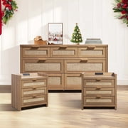 SICOTAS 3-Piece Bohemian Bedroom Set – 7-Drawer Dresser & 3-Drawer Nightstand with Charing Rattan Bderoom Funiture Set with Massive Storage 3 Piece, Oak