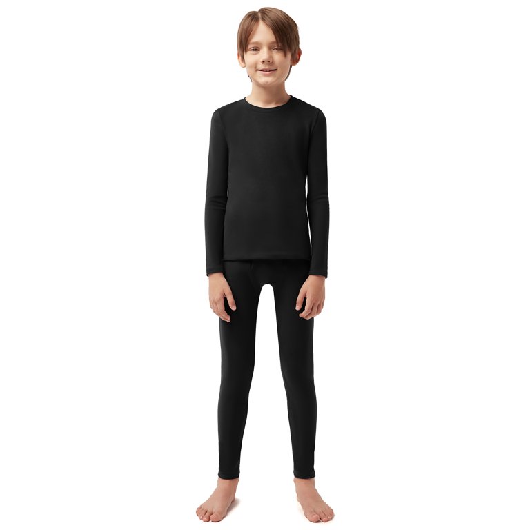 SIORO Boys Thermal Underwear Set Soft Double Fleece Warm Long Johns Set  Base Layer with Fly, Black, Year 6 