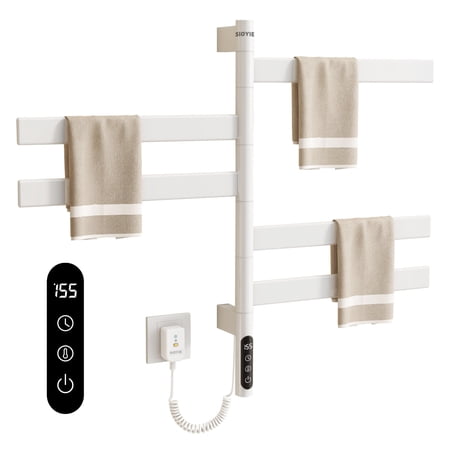 SIOYIE Rotating Heated Towel Rack for Bathroom, 130W Wall-Mounted Electric Towel Dryer with Swivel Bars, 1-9H Timer, 115?-155?, 5 Bars Towel Warmer, Low Carbon Steel, IPX5, Plug-in/Hardwired, White