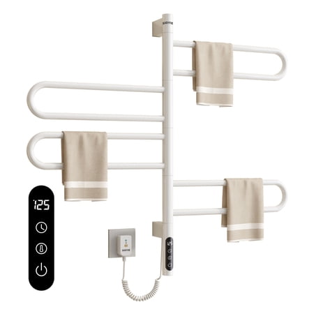 SIOYIE Rotating Heated Towel Rack for Bathroom, 130W Wall-Mounted Electric Towel Dryer with Swivel Bars, 1-9H Timer, 115?-155?, 4 Bars Towel Warmer, Low Carbon Steel, IPX5, Plug-in/Hardwired, White