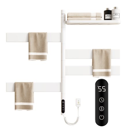 SIOYIE Electric Towel Warmer 180° Rotating Heated Towel Rack with 1-9H Timer 115?-155?,90W Wall-Mounted 5 Bars Electric Towel Rail, Concealed Installation,Towel Warmer for Bathroom White