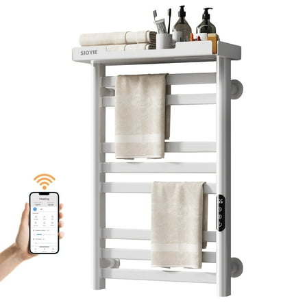 SIOYIE Smart Heated Towel Rack, 160W Wall-Mounted Electric Towel Warmer with Shelf, 8-Bar, Wi-Fi App Control, 1-24H Timer, 115℉-155℉, Low Carbon Steel, IPX5, Plug-in/Hardwired, White