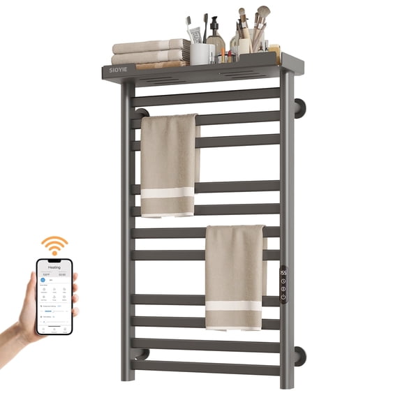 SIOYIE Smart Heated Towel Rack, 290W Wall-Mounted Electric Towel Warmer with Shelf, 8-Bar, Wi-Fi App Control, 1-24H Timer, 115℉-155℉, Low Carbon Steel, IPX5, Plug-in/Hardwired, Gray