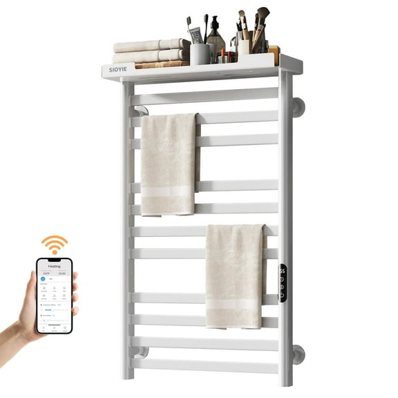 SIOYIE Smart Heated Towel Rack, 290W Wall-Mounted Electric Towel Warmer with Shelf, 8-Bar, Wi-Fi App Control, 1-24H Timer, 115℉-155℉, Low Carbon Steel, IPX5, Plug-in/Hardwired, White