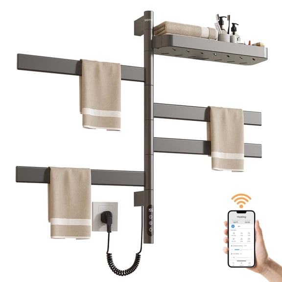SIOYIE Smart Rotating Heated Towel Rack for Bathroom, 100W Electric Towel Warmer with Swivel Bars, 1-24H Timer, 115℉-155℉, Wi-Fi App Control, Low Carbon Steel, IPX5, Plug-in/Hardwired, Gray